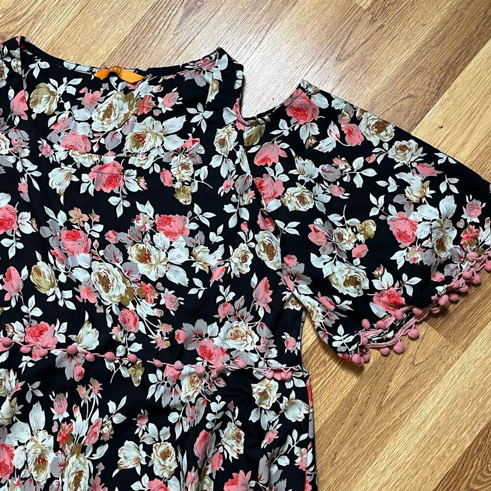 Floral Cold Shoulder Pom Trim Maxi Dress Boho Cottagecore Size Large Beachy - Picture 3 of 6